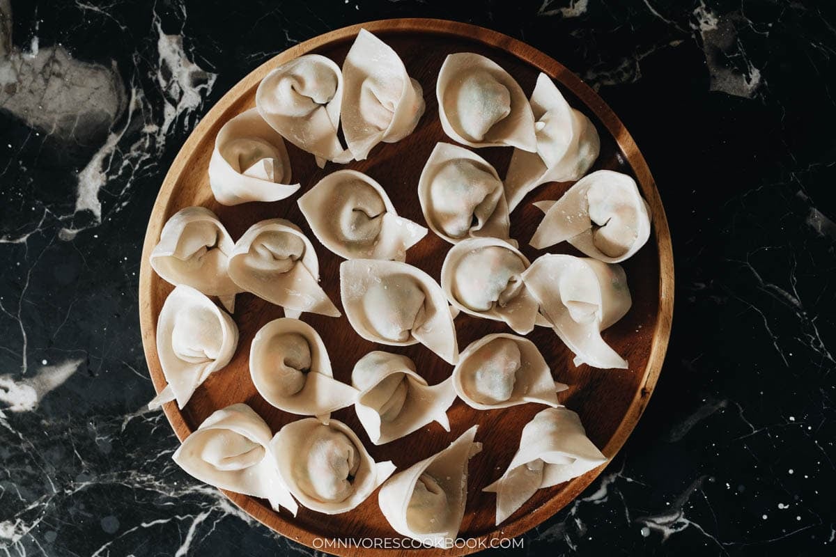 Freshly wrapped vegan wontons