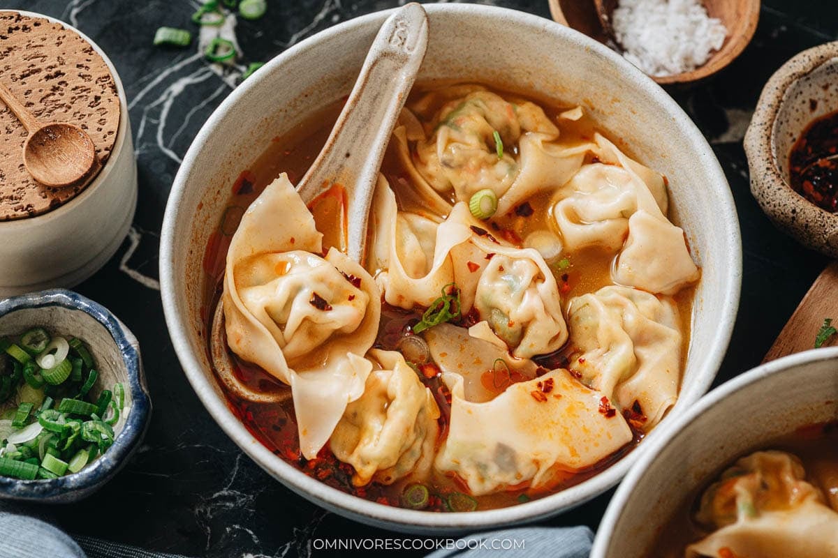 Close-up of plant-based wontons