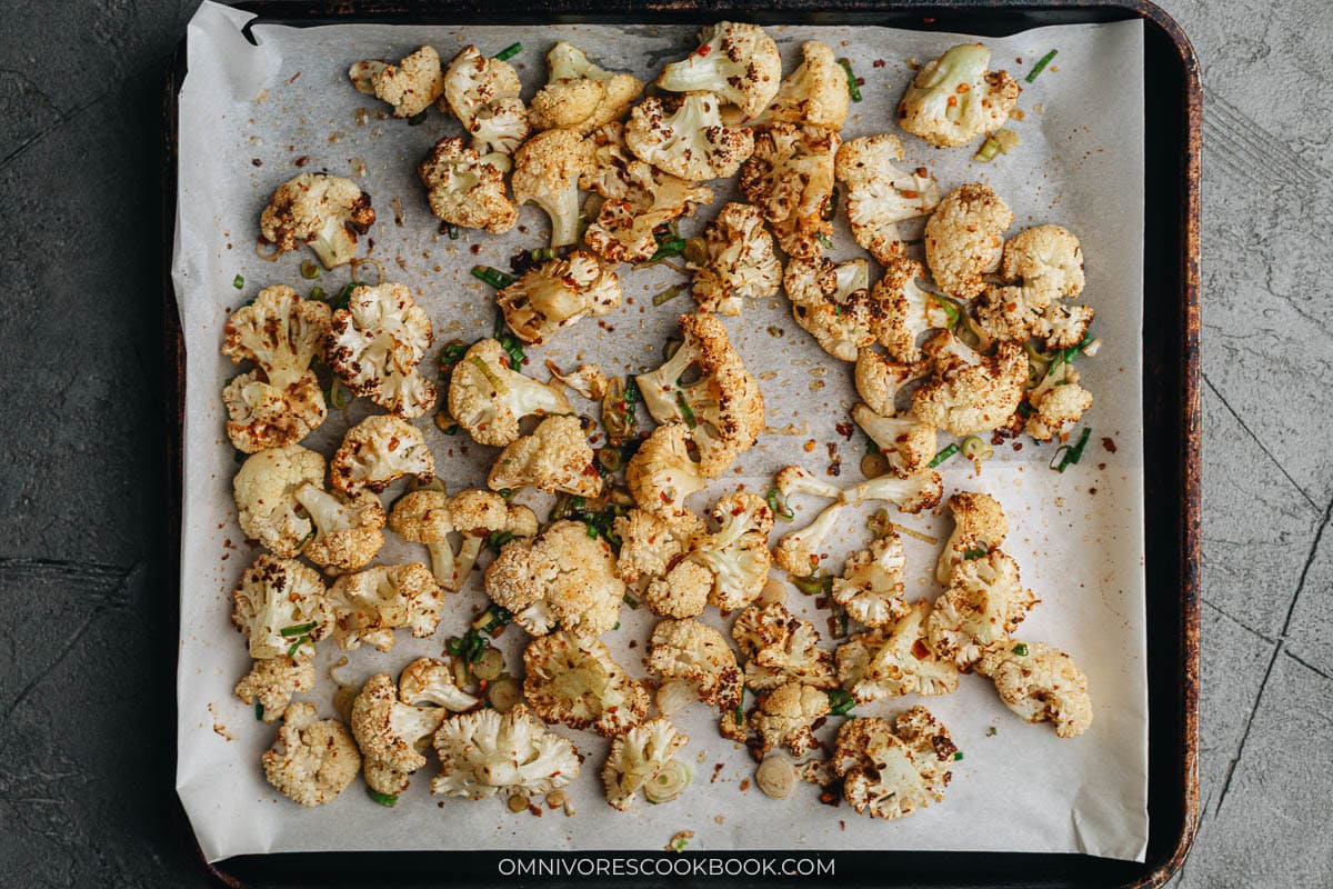 Chinese-Spiced Air Fryer Cauliflower on a baking tray
