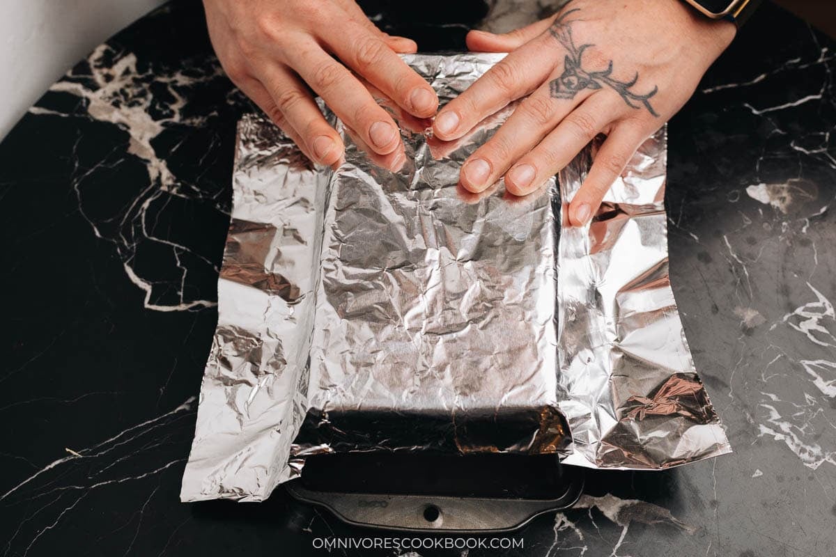 Shape the foil pan using a loaf pan placed upside down