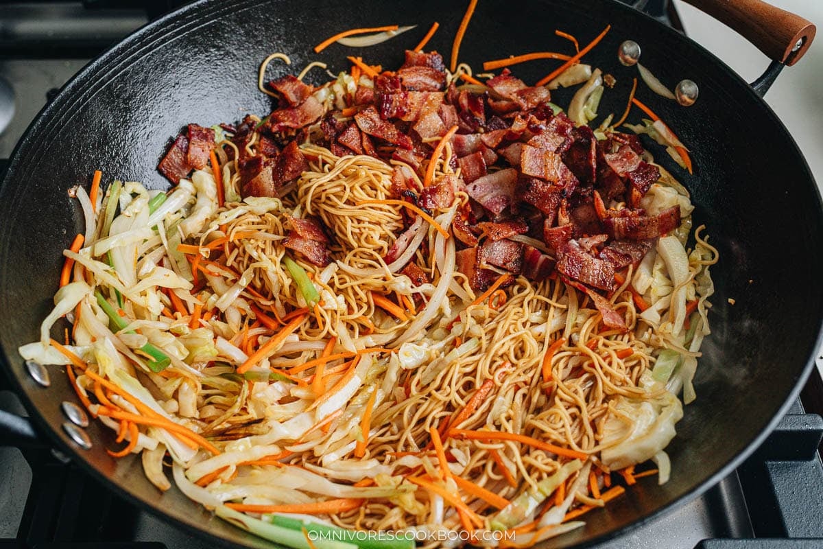 cooked vegetables with bacon and noodles