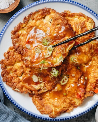 Egg foo young with gravy on rice
