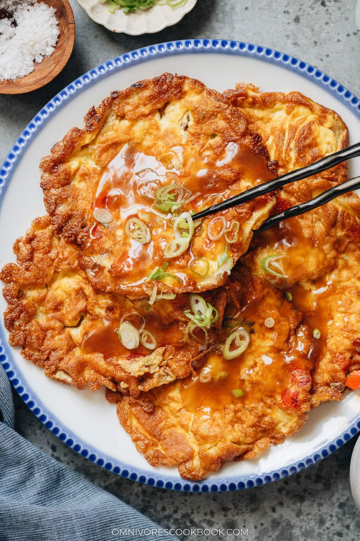 Egg foo young with gravy on rice
