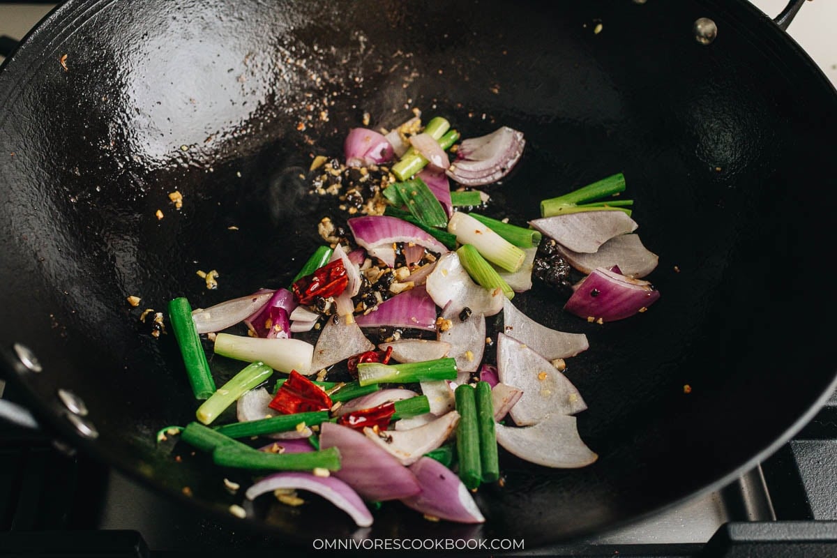 cooking the aromatics and onion