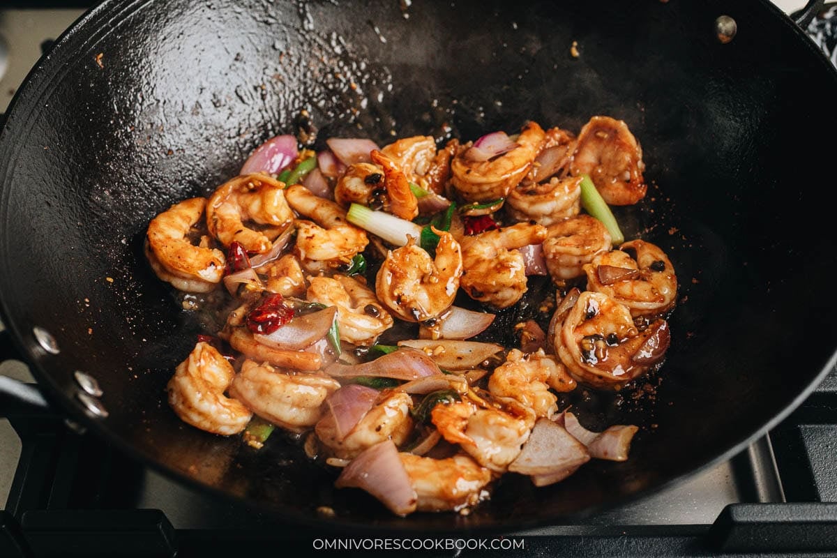 Cantonese Shrimp with Black Bean Sauce cooking in a wok