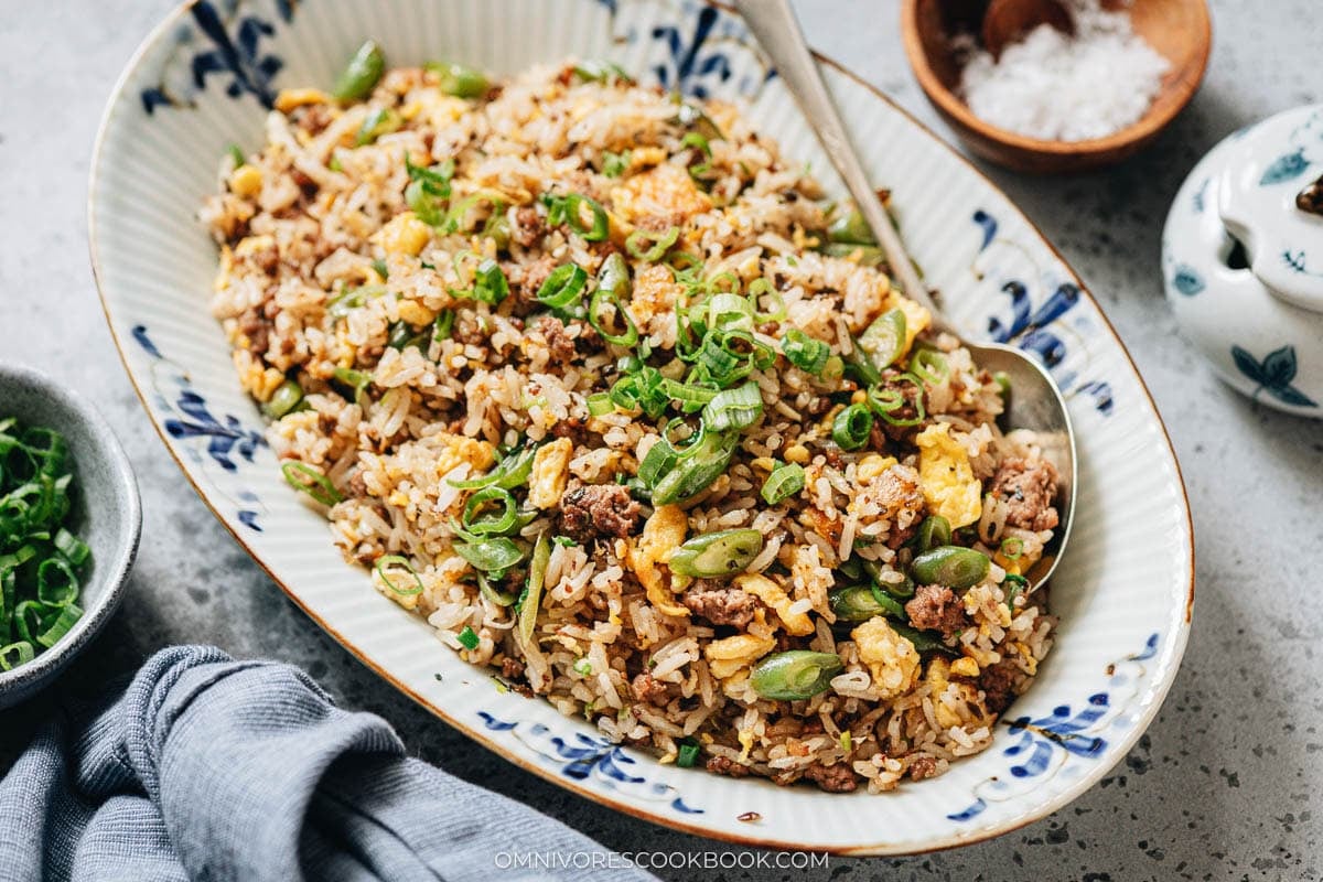 Sichuan fried rice with ya cai, ground beef, eggs, and green beans