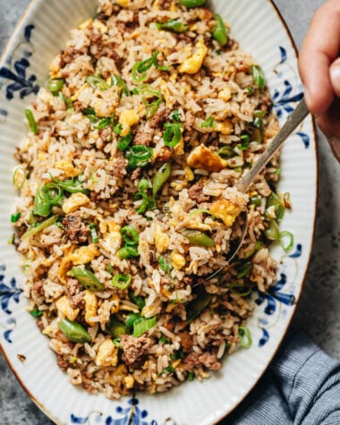 Close-up of Sichuan fried rice with ya cai and ground beef