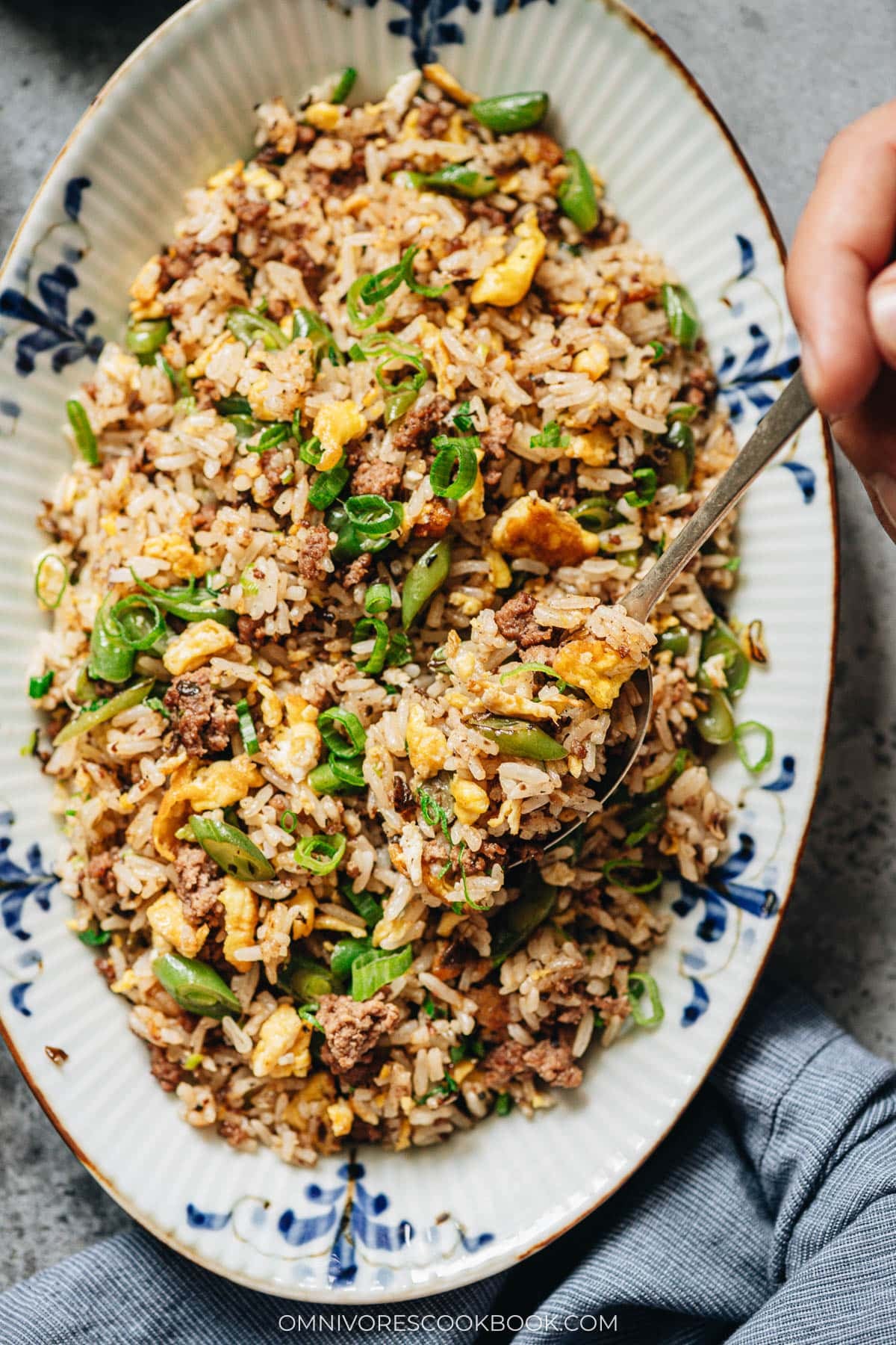 Close-up of Sichuan fried rice with ya cai and ground beef