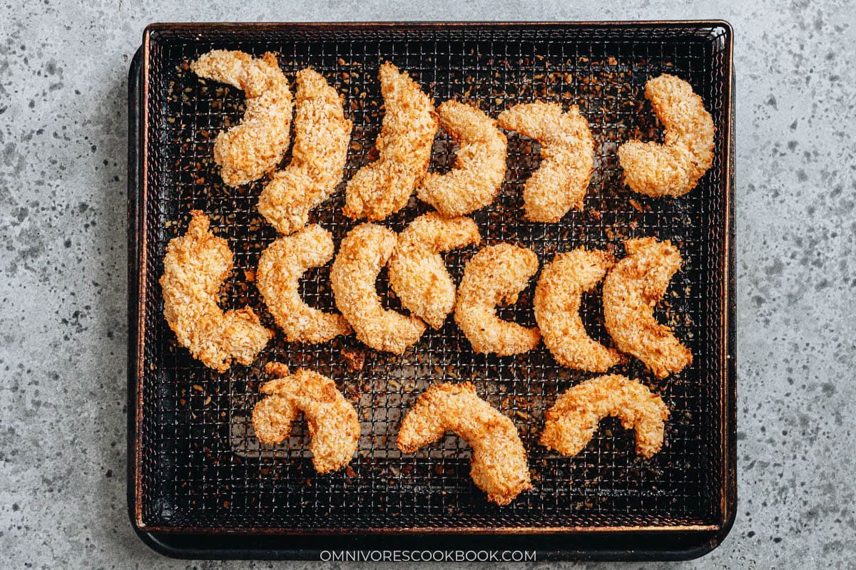 air fried shrimp on a sheet tray