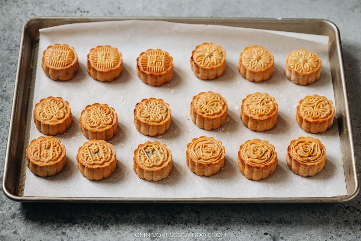 Baked mooncake on a baking sheet