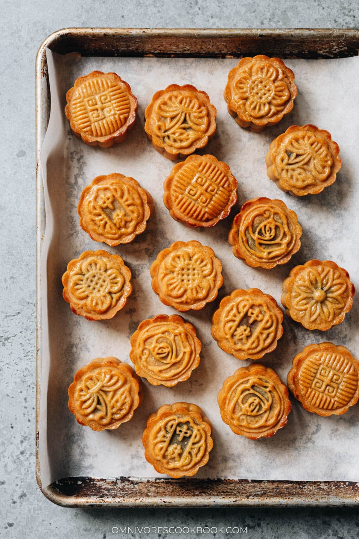 Rested mooncake on a baking sheet