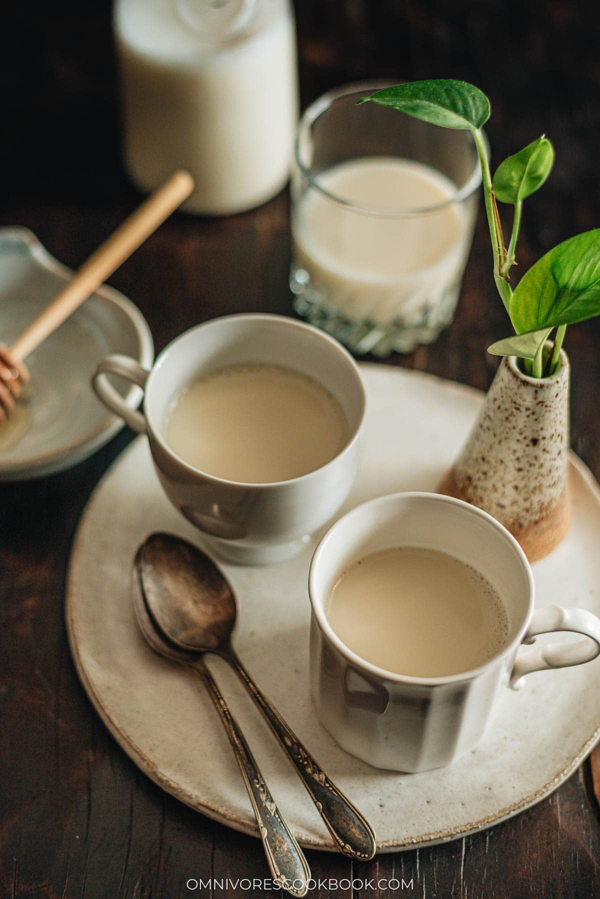 two hot homemade soy milk cups with a drizzle of maple syrup
