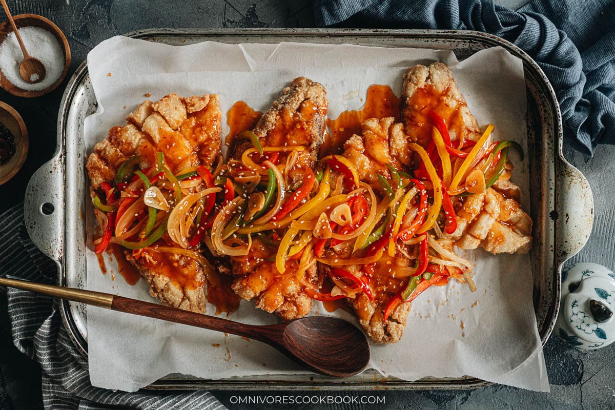 Sweet and sour mandarin fish served on a tray