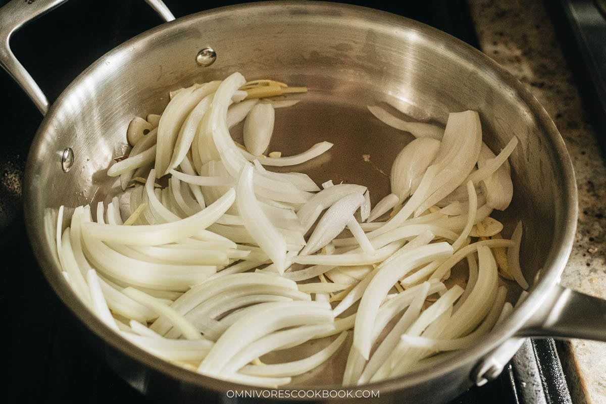 Cook onion in a pan