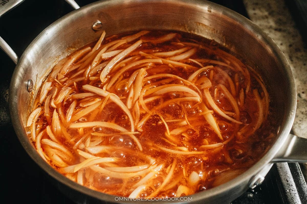 Simmer the sauce in a pan