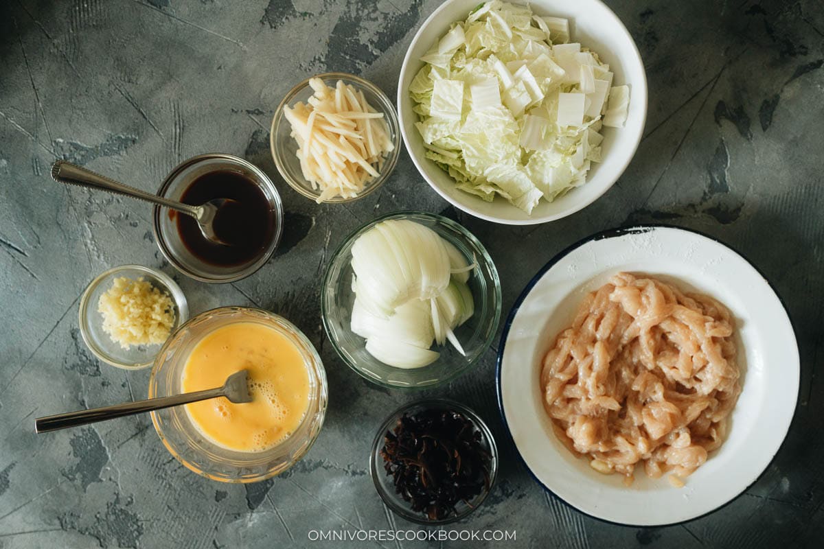 Ingredients for moo shu chicken including chicken, wood ear mushrooms, napa cabbage, and sweet bean sauce
