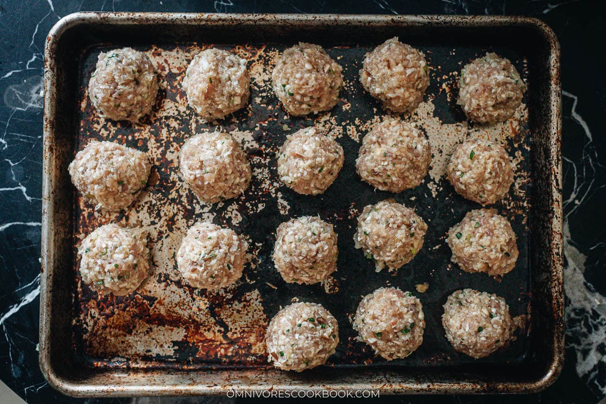 Panko and egg mixed into the Chinese meatball mixture until it forms one ball