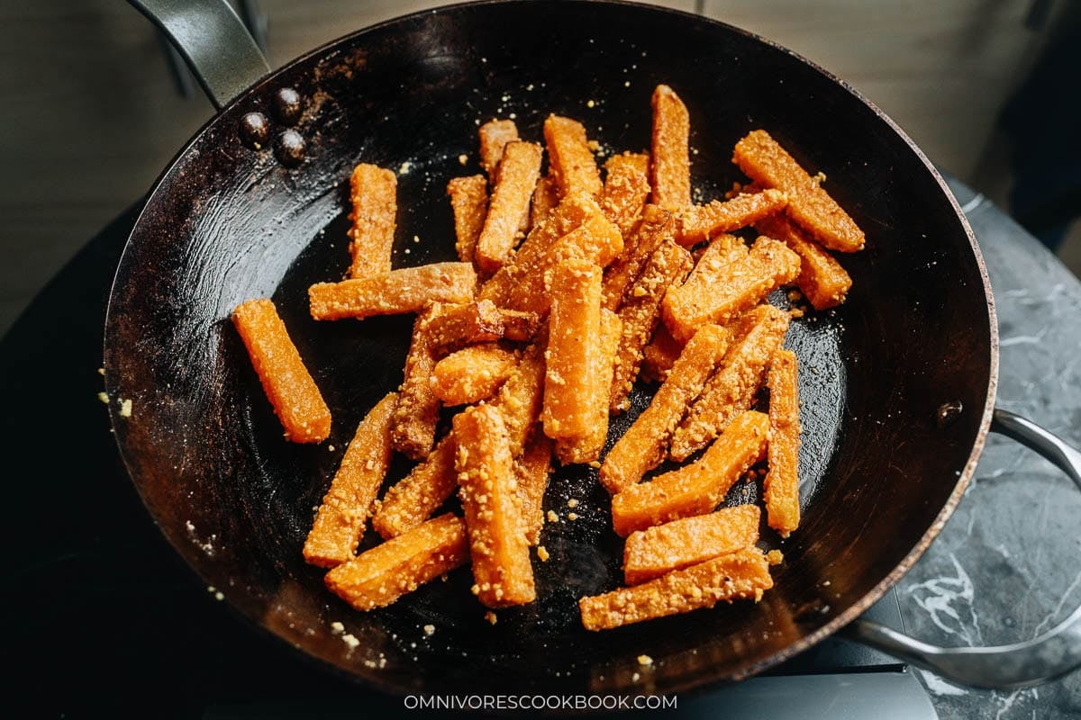 Crispy fried pumpkin tossed back in and coated with the salted egg yolk