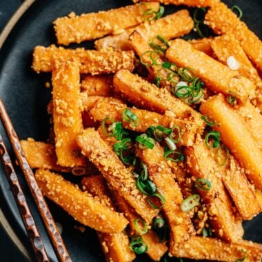 Fried pumpkin with salted egg close up