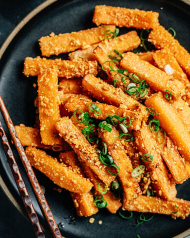 Fried pumpkin with salted egg close up