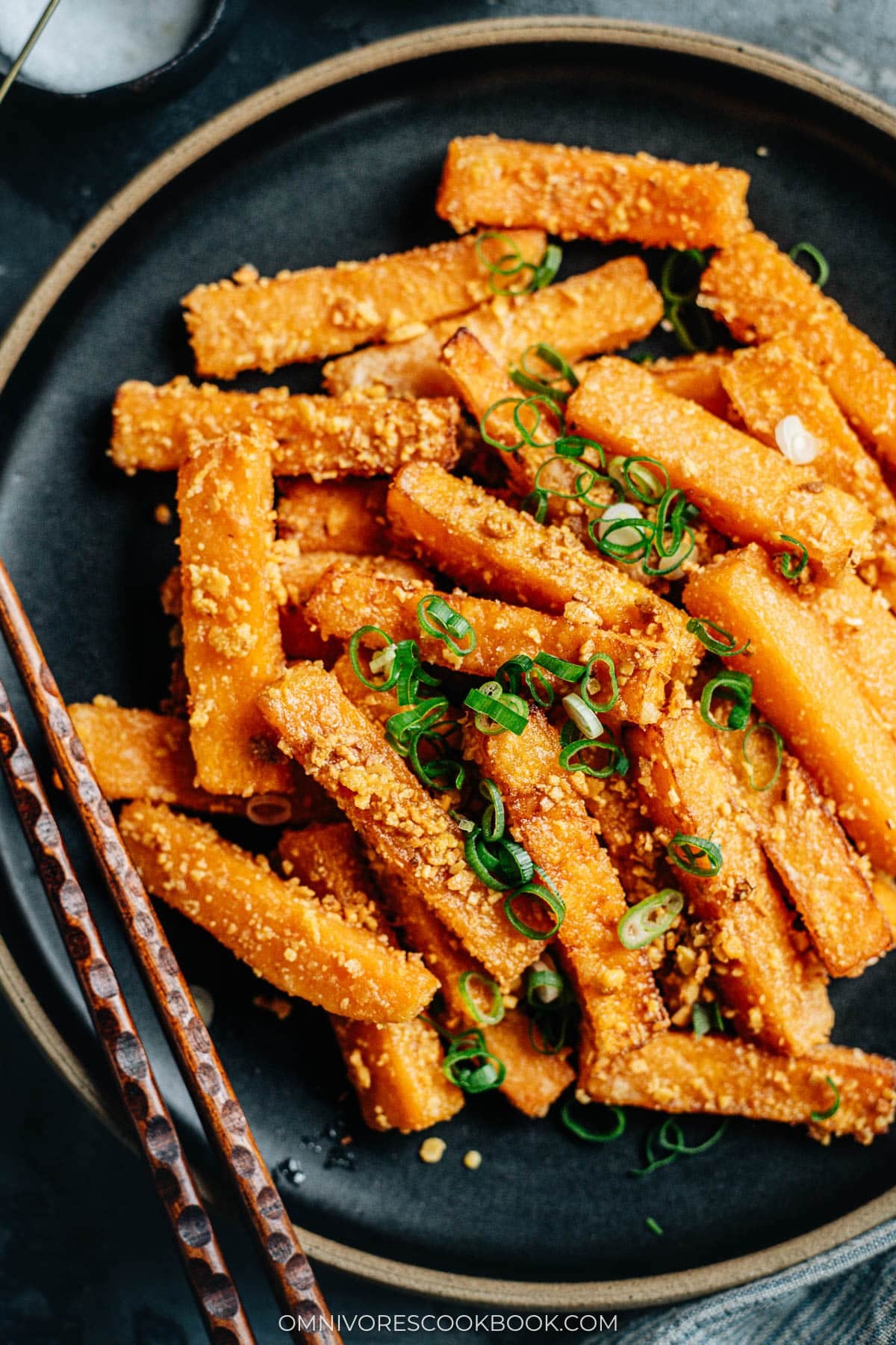 Fried pumpkin with salted egg close up