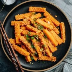 Fried pumpkin with salted egg close up
