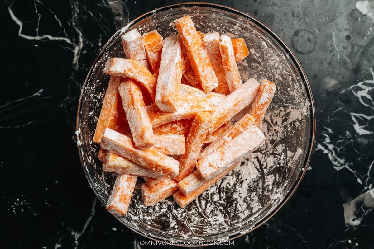 Drained pumpkin sticks tossed in cornstarch to coat every piece