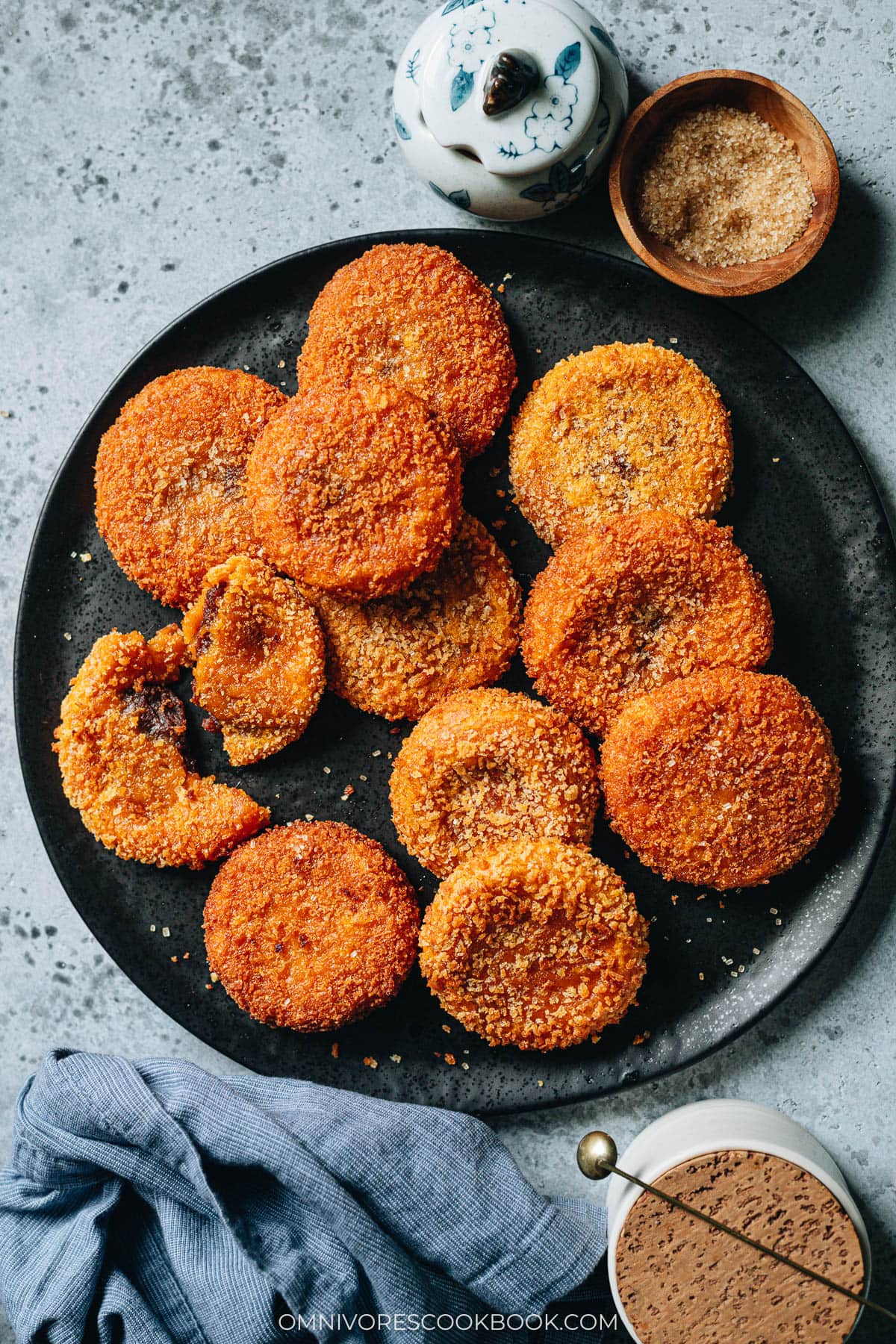 Chinese pumpkin cakes stacked on a plate