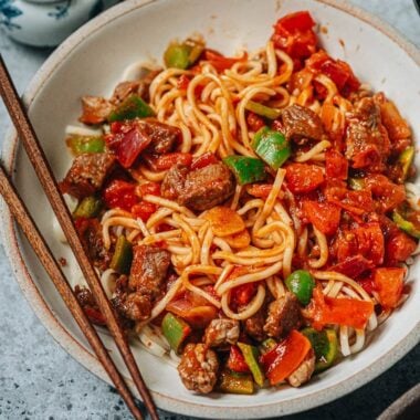 Xinjiang laghman served in a bowl