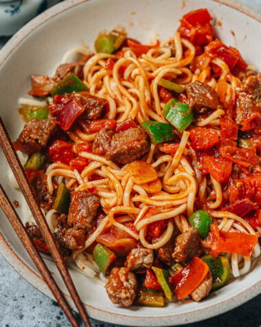 Xinjiang laghman served in a bowl