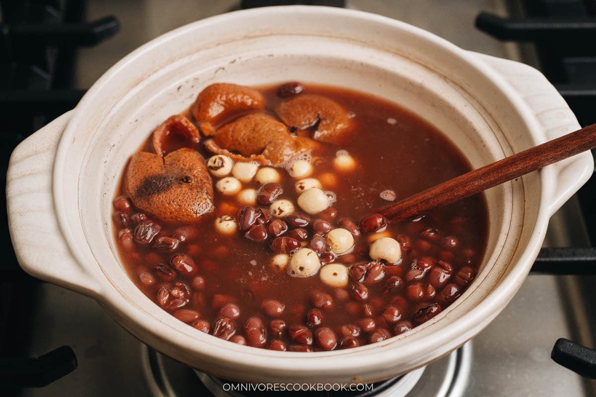 Red bean soup at a gentle simmer