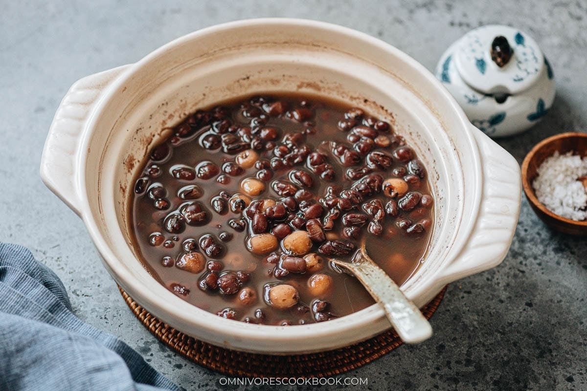 Finished red bean soup ladled into a bowl, ready to serve warm or chilled
