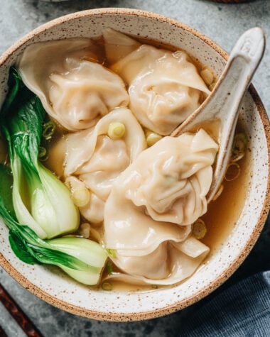 A bowl of wonton soup with pork and shrimp wontons, baby bok choy, and green onion in clear broth