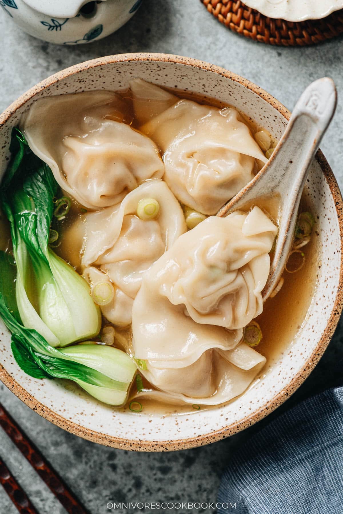 A bowl of wonton soup with pork and shrimp wontons, baby bok choy, and green onion in clear broth