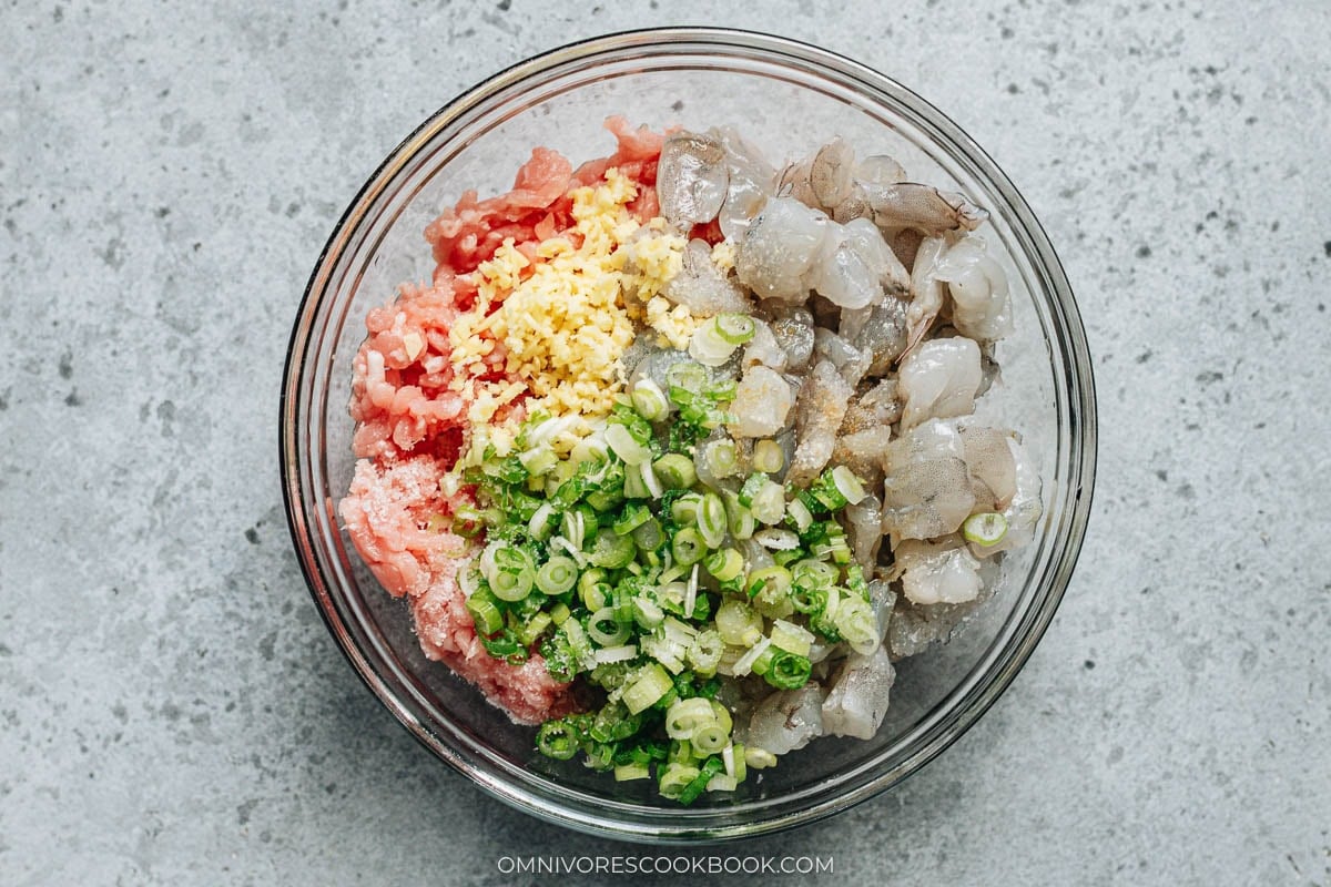 Pork and shrimp wonton filling mixed in a bowl