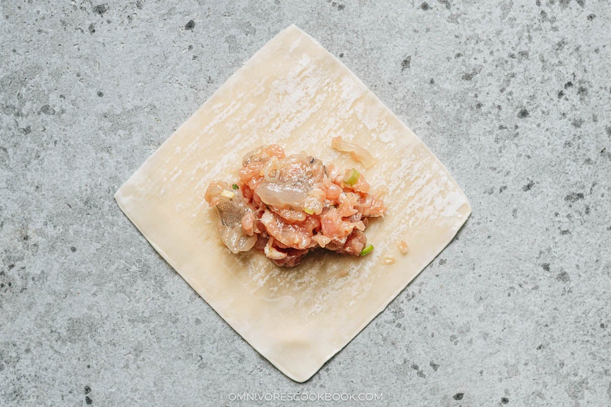 wonton wrapper with a spoonful of filling