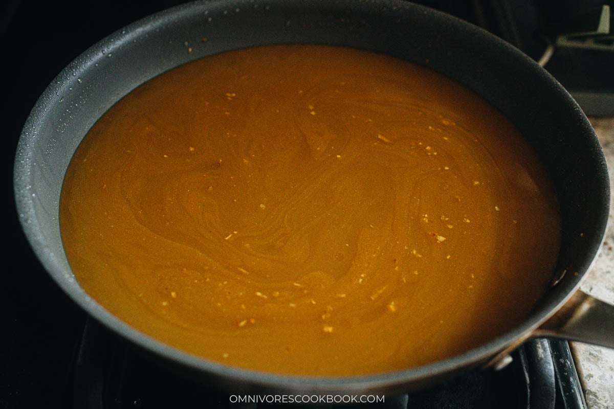 Curry broth simmering in the skillet