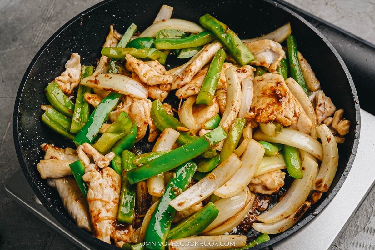 Finished shacha chicken tossed with the vegetables and coated in sauce
